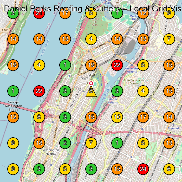 Daniel Parks Roofing & Gutters Roofing Contractor GeoGrid ranking map for New York NY